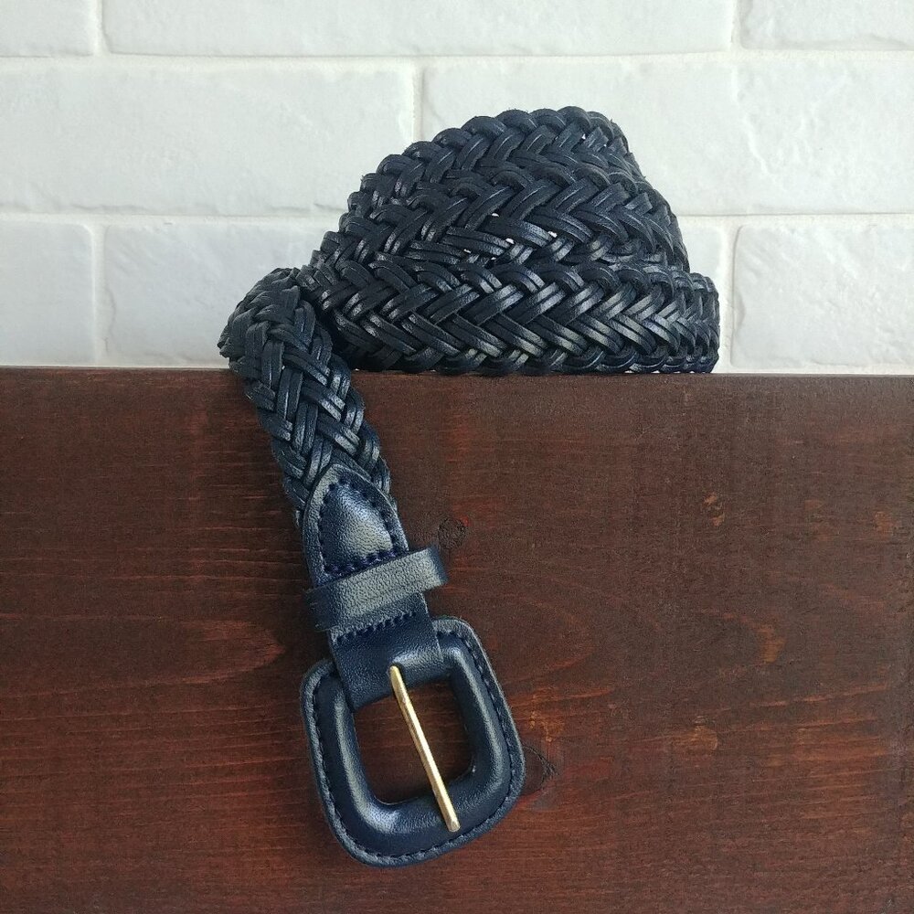 Genuine leather Women XXL dark navy blue braided belt